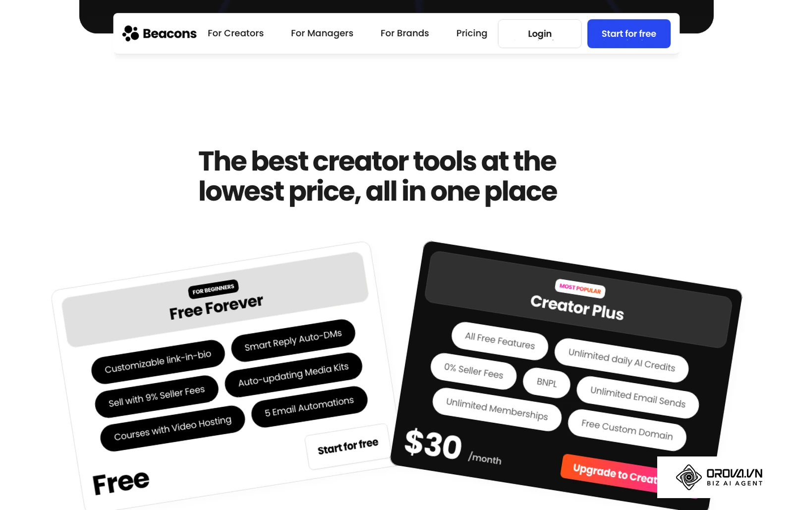 Beacons' official pricing page (October 2026): Free with 9% seller fees and Creator Plus with 0% seller fees.