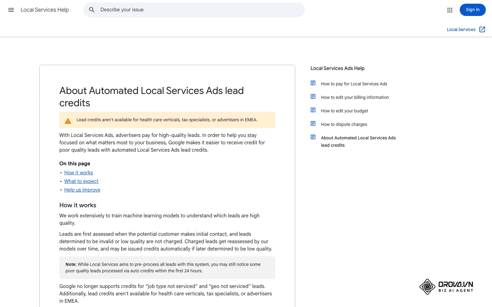 Google's Help Center page on automated Local Services Ads lead credits, including the note that credits are not available in EMEA.