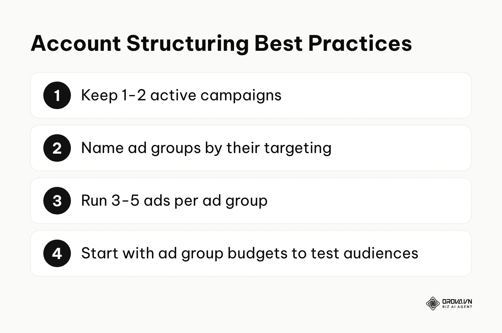 List of best practices for structuring a TikTok ads account