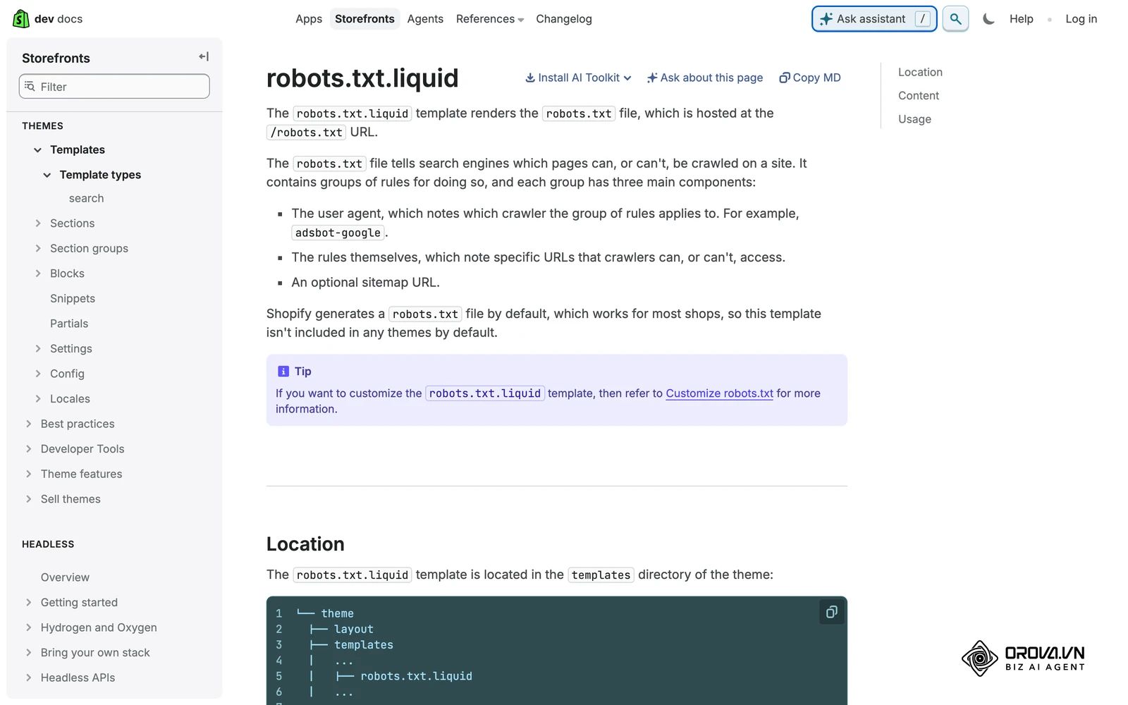 Shopify's developer documentation for the robots.txt.liquid theme template used to customize a store's robots.txt.