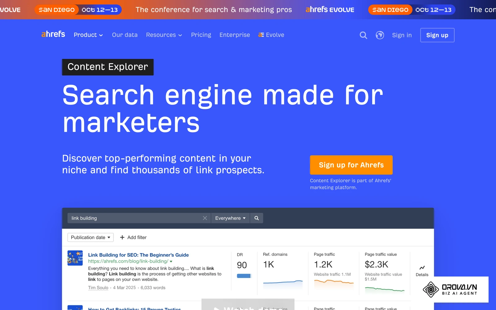 ឧបករណ៍ Ahrefs Content Explorer សម្រាប់ស្វែងរកឱកាសទទួលបានការលើកឡើង និងគេហទំព័រពាក់ព័ន្ធ។