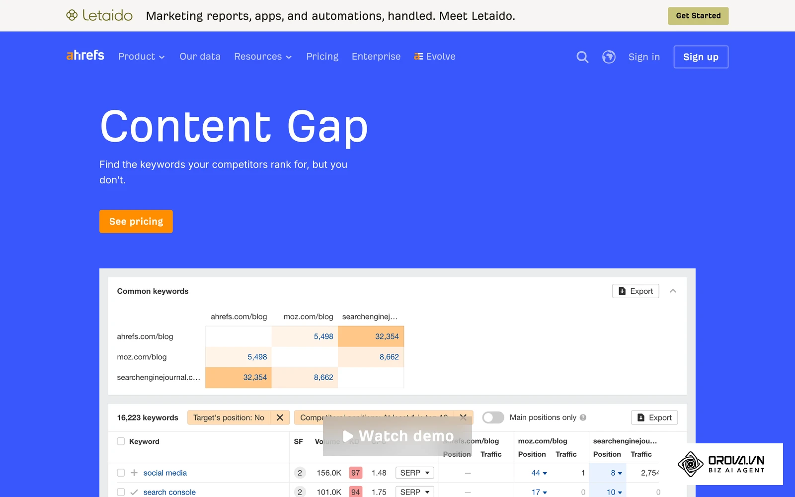 ឧបករណ៍ Content Gap របស់ Ahrefs៖ តារាង Common keywords ប្រៀបធៀបដែនគេហទំព័រ ៣ និងបញ្ជីពាក្យគន្លឹះដែលគូប្រជែងមានចំណាត់ថ្នាក់ តែគេហទំព័រគោលដៅមិនទាន់មាន