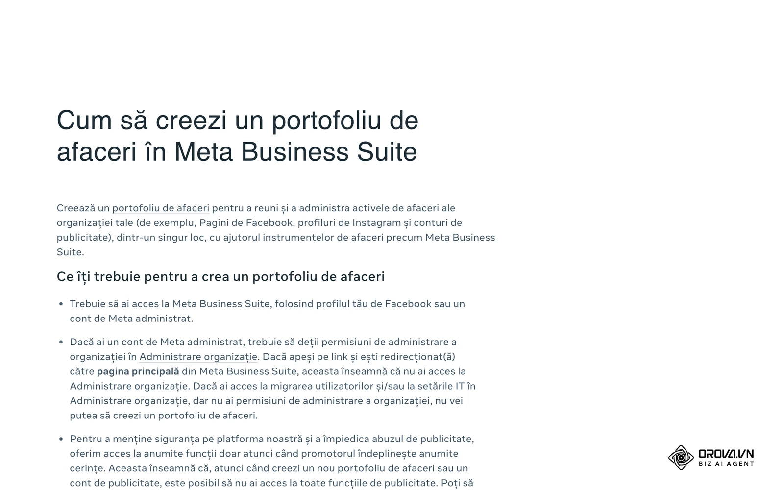 Centrul de ajutor Meta pentru afaceri (în română): pașii pentru a crea un portofoliu de afaceri în Meta Business Suite.