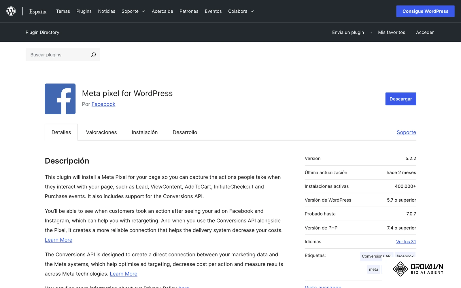 Plugin oficial de Meta para WordPress, que conecta el Píxel y la API de conversiones sin programar.