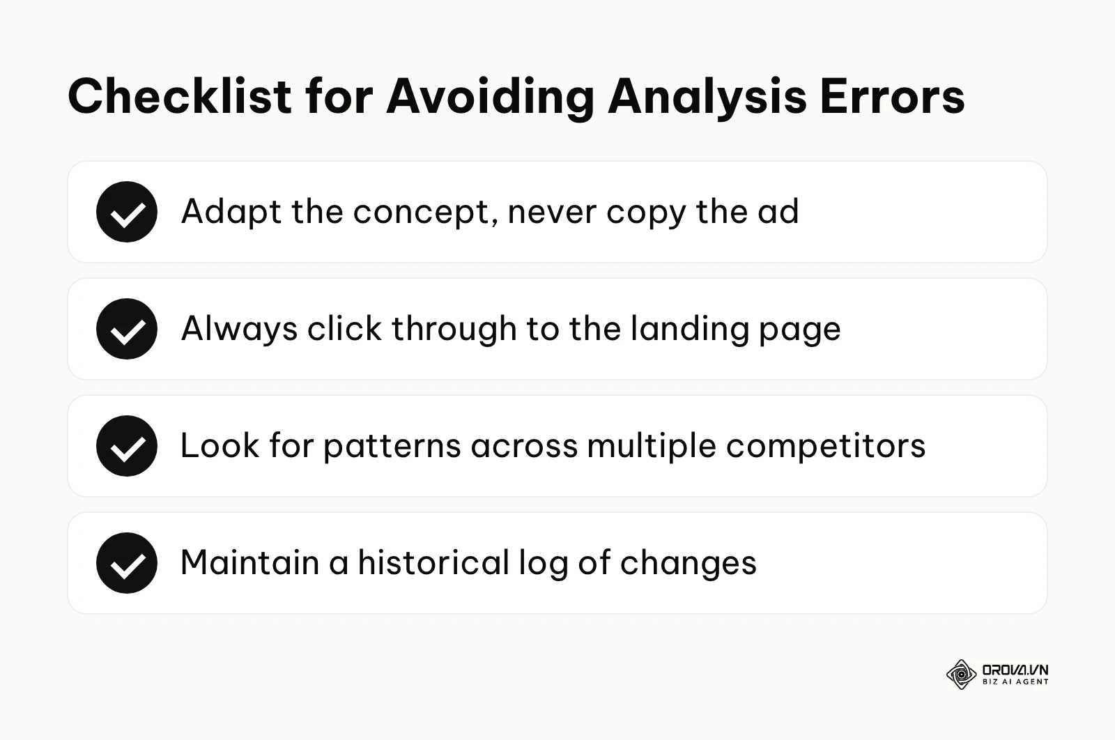 A summary checklist of things to remember to avoid common errors when researching competitors.