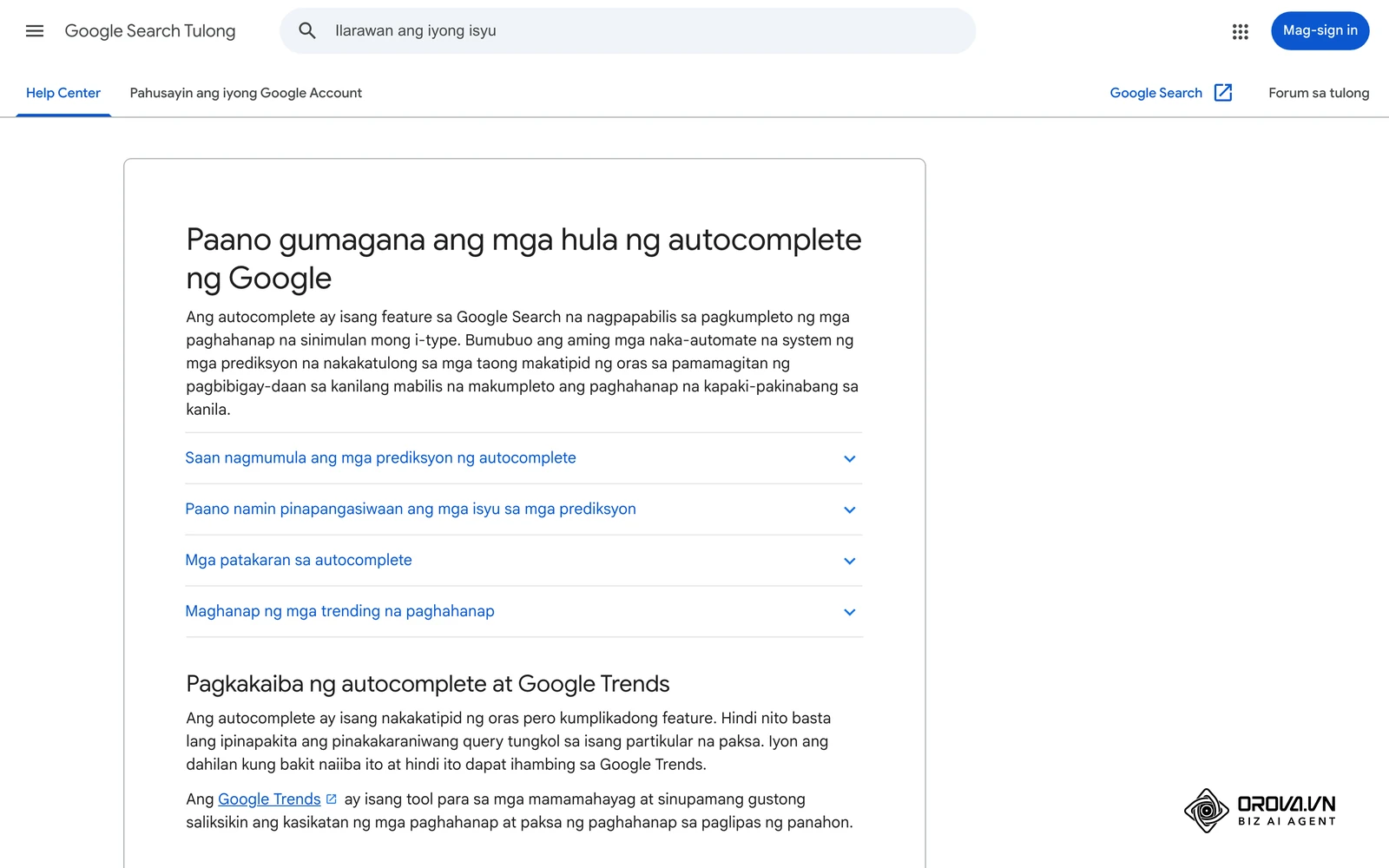Opisyal na pahina ng Google Search Help na nagpapaliwanag kung paano gumagana ang mga hula ng autocomplete sa search box.