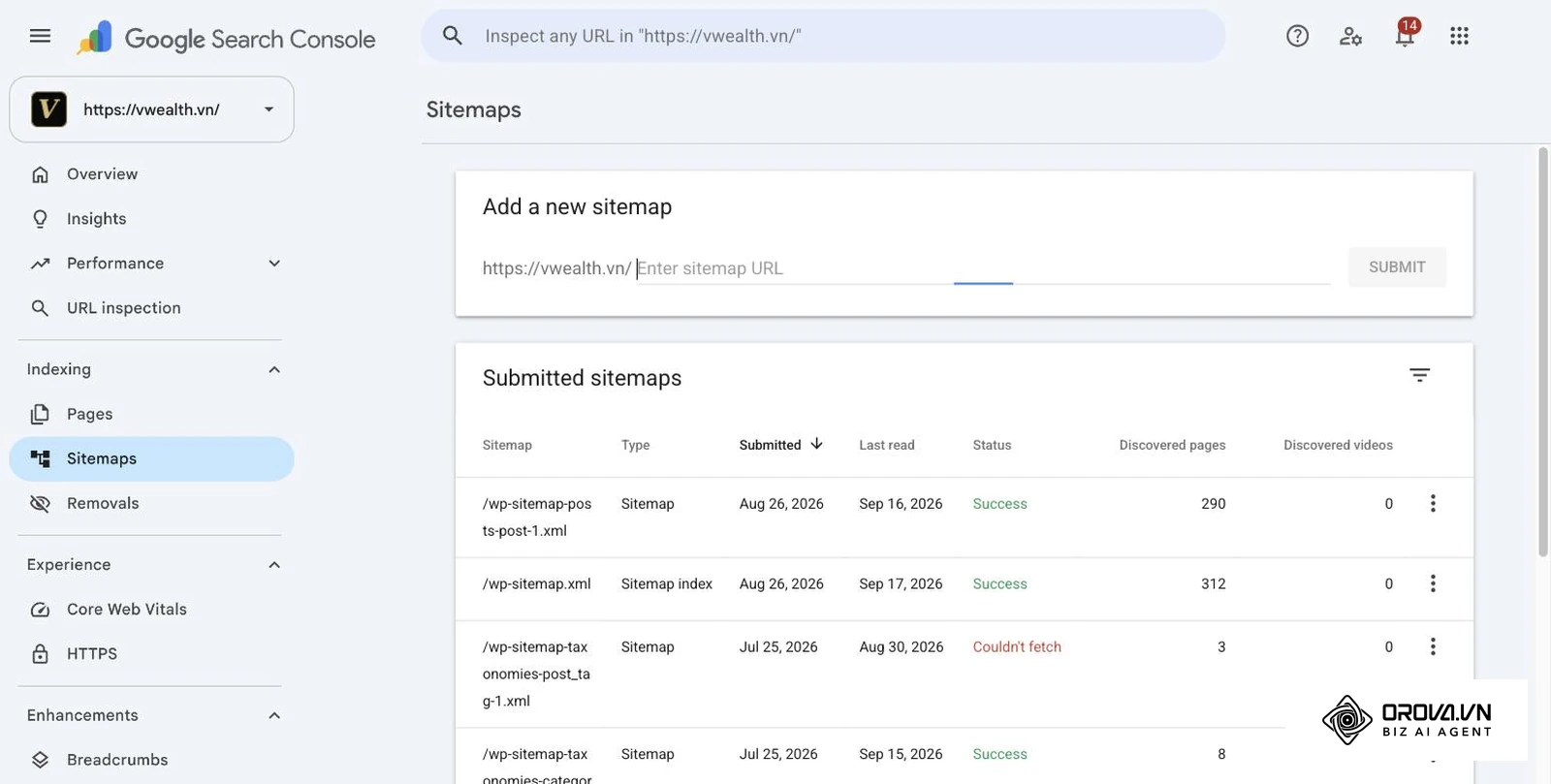 หน้า Sitemaps ใน Google Search Console ของ vwealth.vn แสดง /wp-sitemap.xml ประเภท Sitemap index สถานะ Success ค้นพบ 312 หน้า