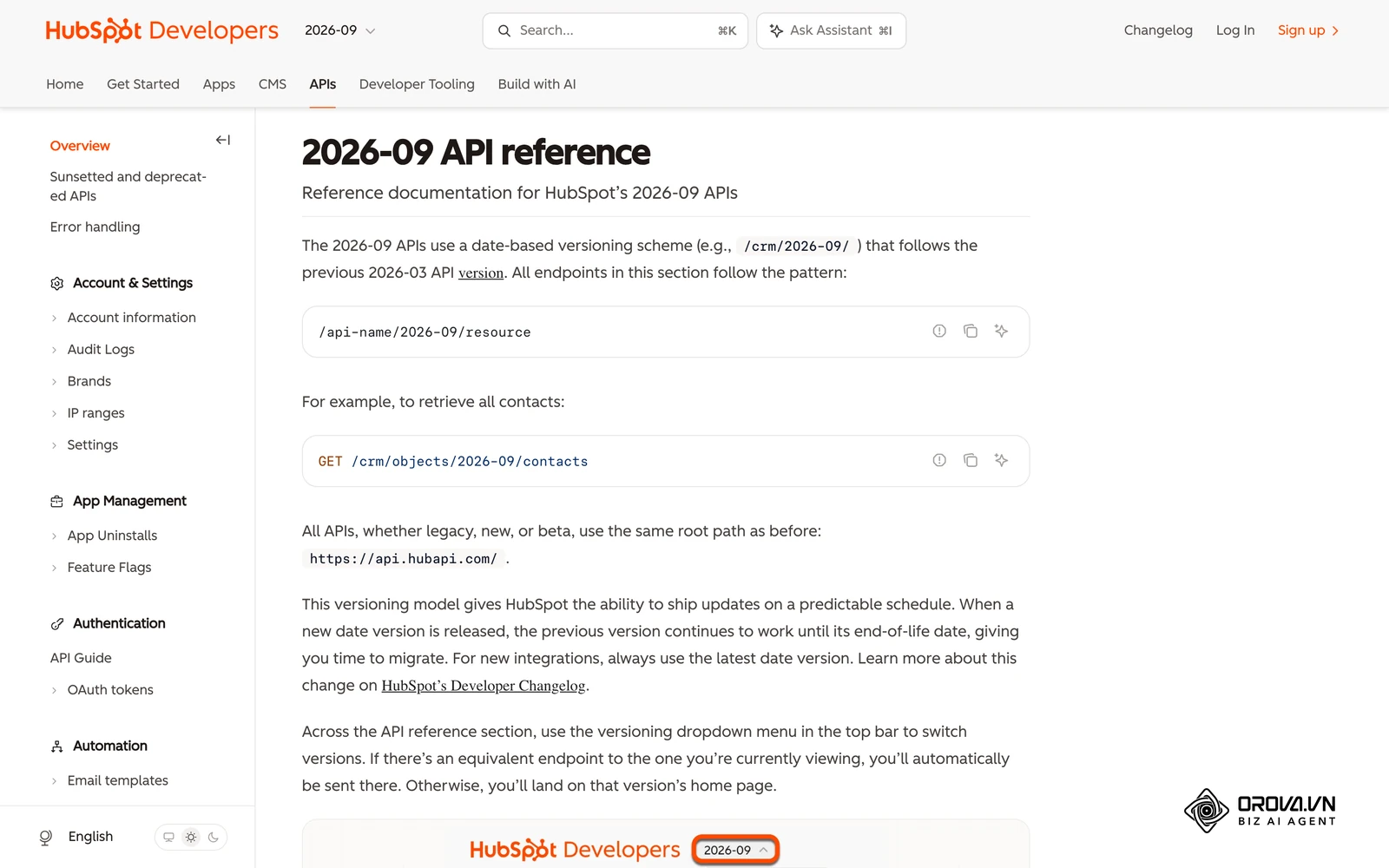 La documentation API de HubSpot démontre l'étendue de son écosystème d'intégrations techniques.
