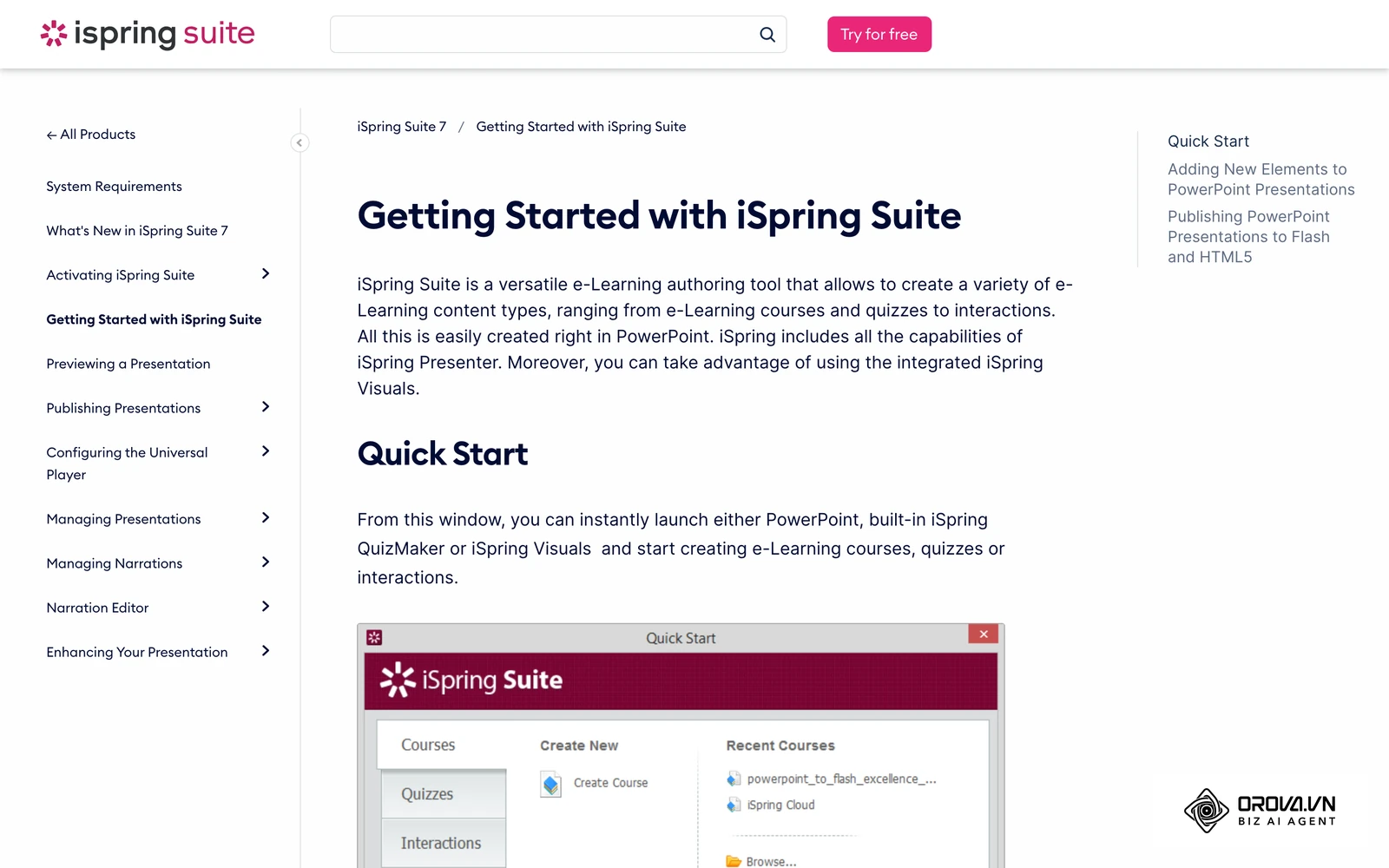 ទំព័រជំនួយផ្លូវការរបស់ iSpring Suite បង្ហាញផ្ទាំង iSpring Suite ដែលបញ្ចូលក្នុង PowerPoint សម្រាប់បង្កើតមេរៀន និងកម្រងសំណួរ។