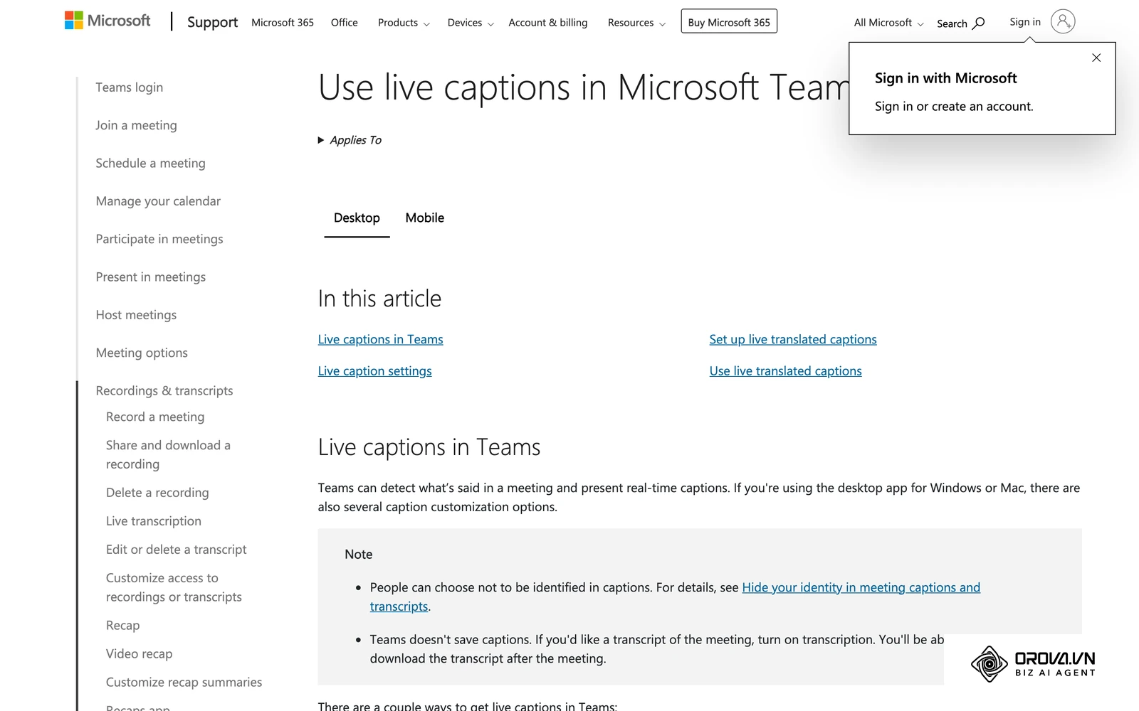 Microsoft's official support page on live captions and live translated captions in Teams meetings.