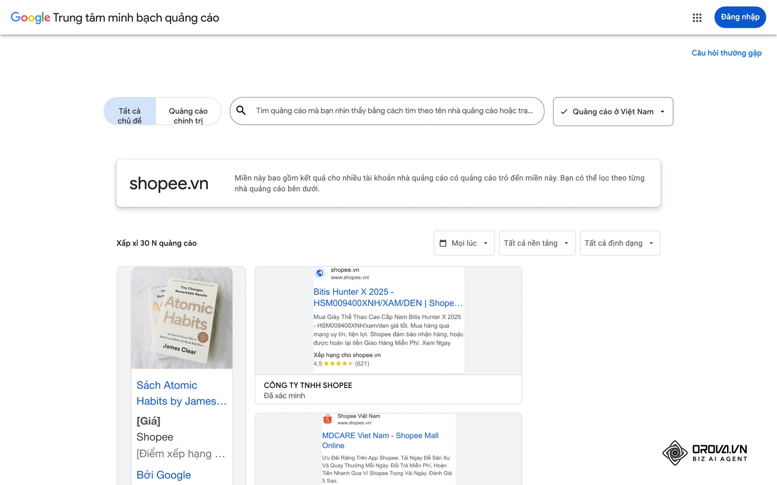 Trung tâm minh bạch quảng cáo của Google (khu vực Việt Nam): các mẫu quảng cáo thật mà Shopee đang chạy, mỗi mẫu thuộc một chiến dịch Google Ads.