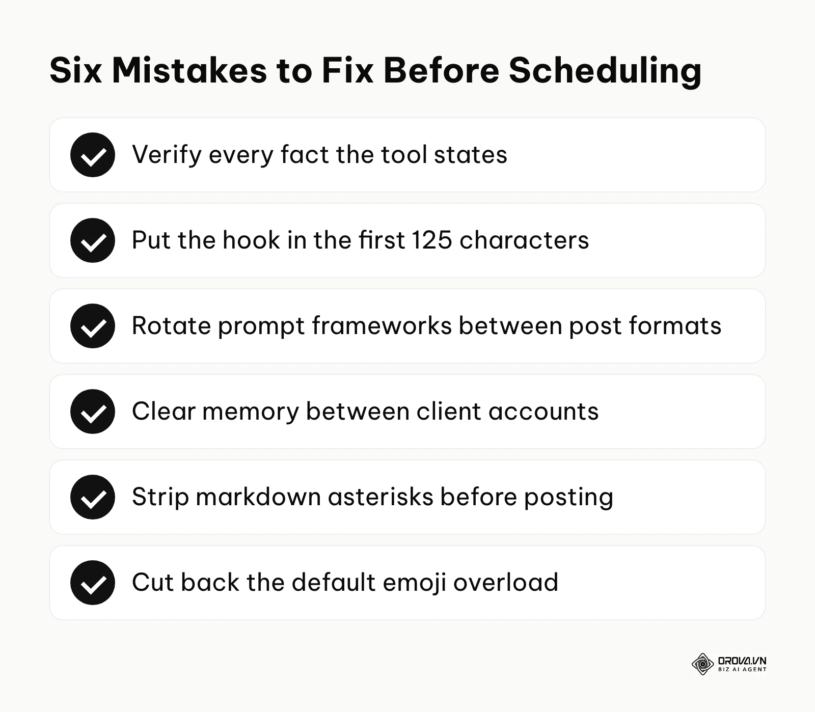 Checklist of six common AI caption mistakes and their fixes