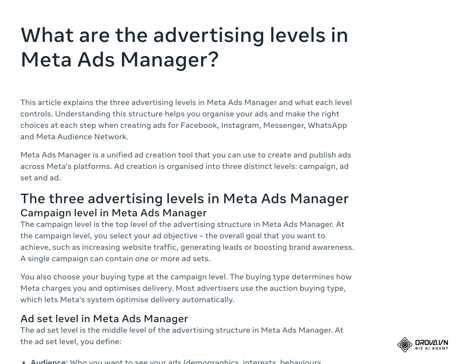 Center za pomoč Meta (angleško): »What are the advertising levels in Meta Ads Manager?« – kampanja, skupina oglasov in oglas.