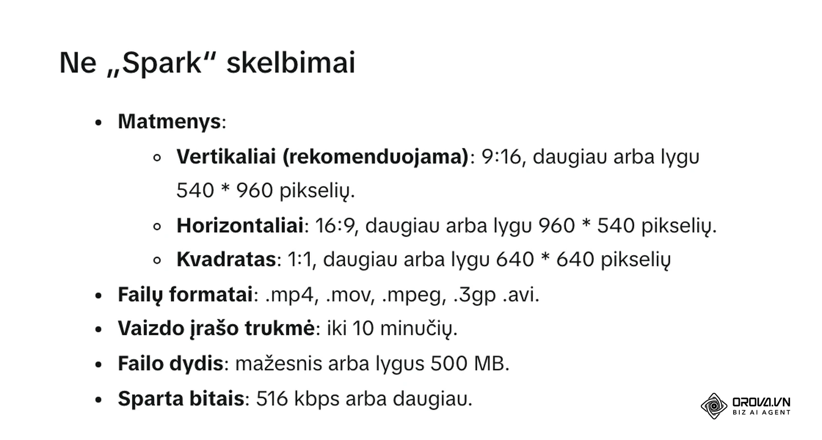 Lietuviškas TikTok verslo pagalbos centro straipsnis apie aukciono skelbimus sklaidos kanale: ne „Spark“ skelbimų matmenys, failų formatai, trukmė ir dydis.