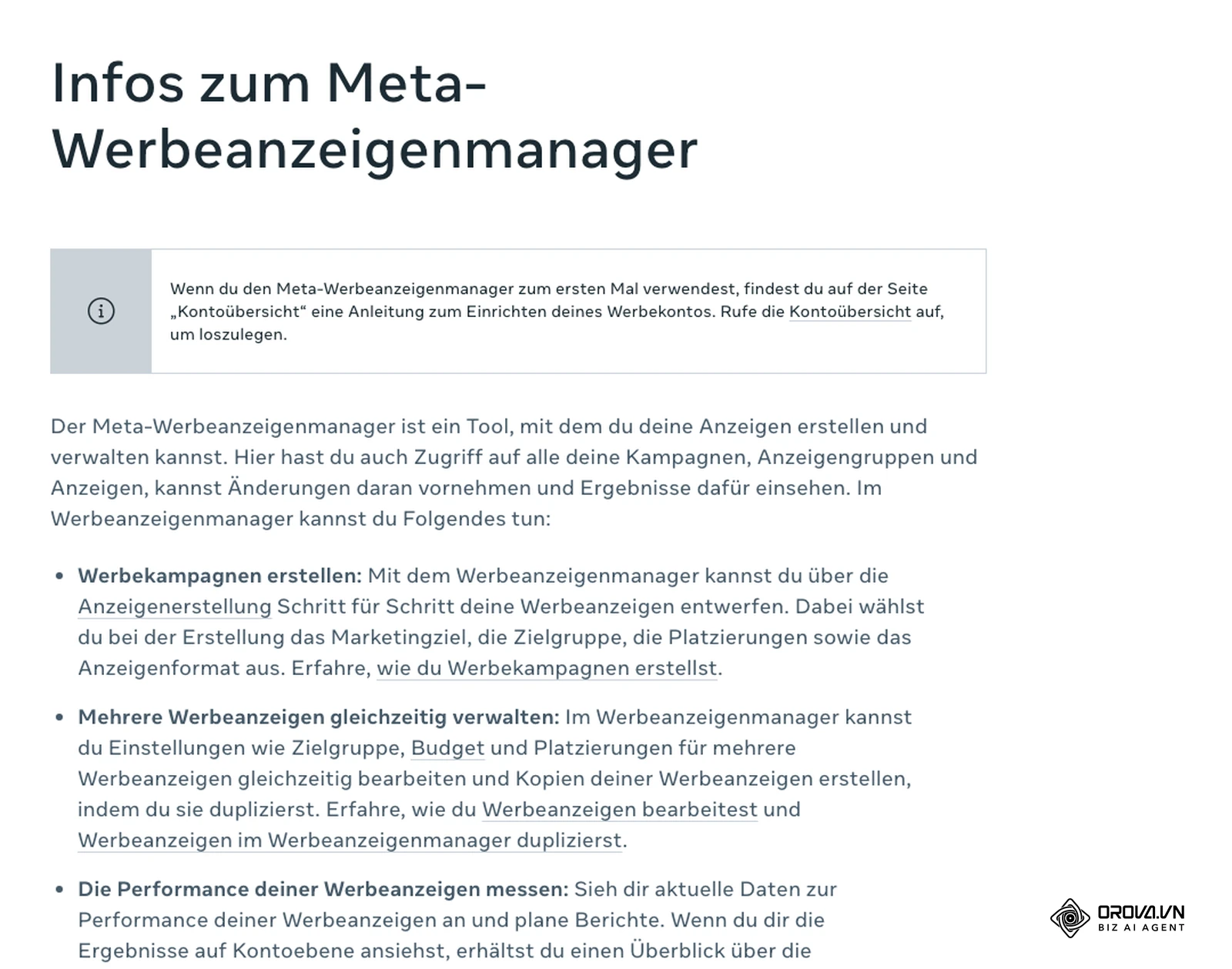 Artikel „Infos zum Meta-Werbeanzeigenmanager“ im offiziellen Meta-Hilfebereich für Unternehmen (deutsche Version): was du im Werbeanzeigenmanager tun kannst.