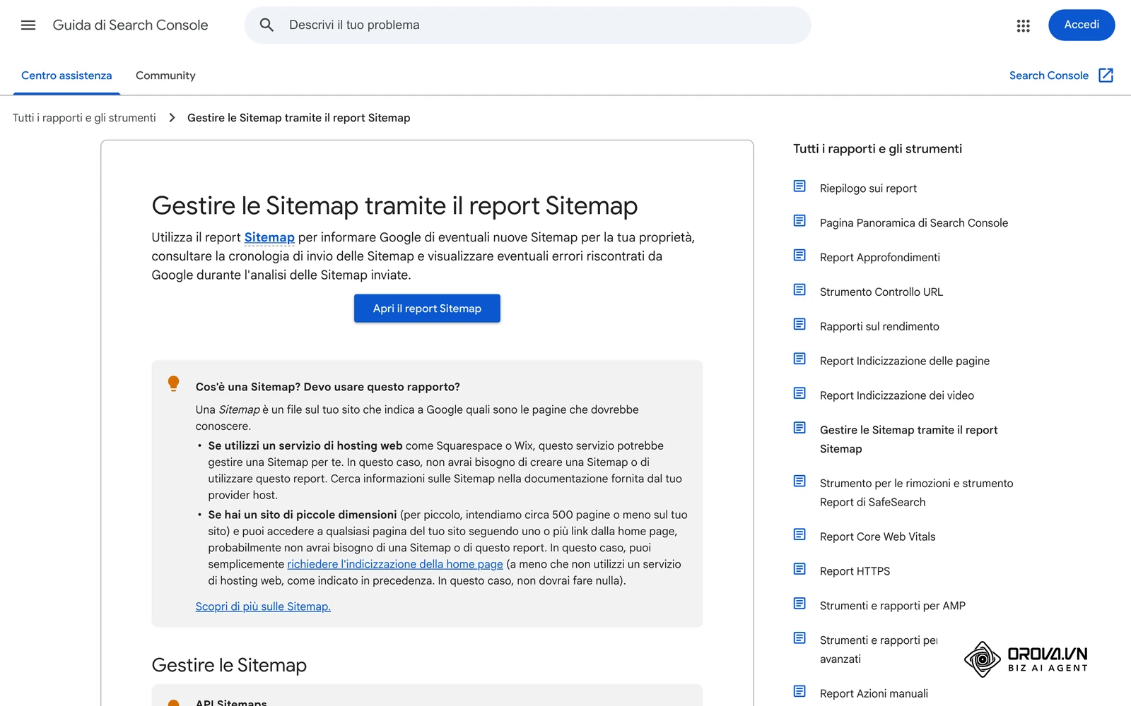 Pagina ufficiale di assistenza Google in italiano sul rapporto Sitemap di Search Console.