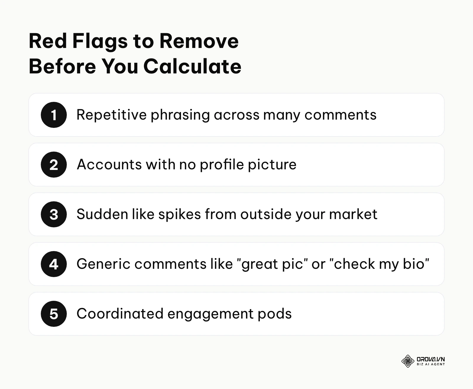 Numbered list of signs of bot or spam engagement to filter out before calculating engagement rate.