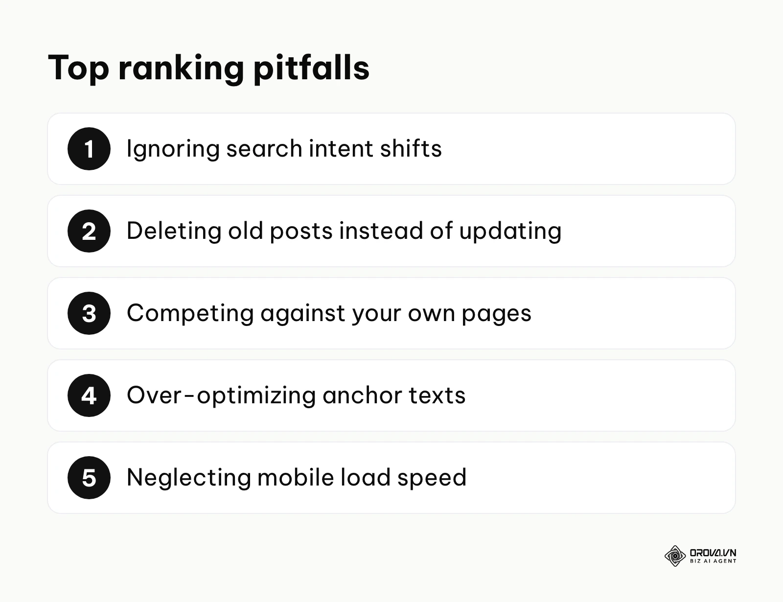 A numbered list summarizing the most common mistakes that hurt SEO performance.