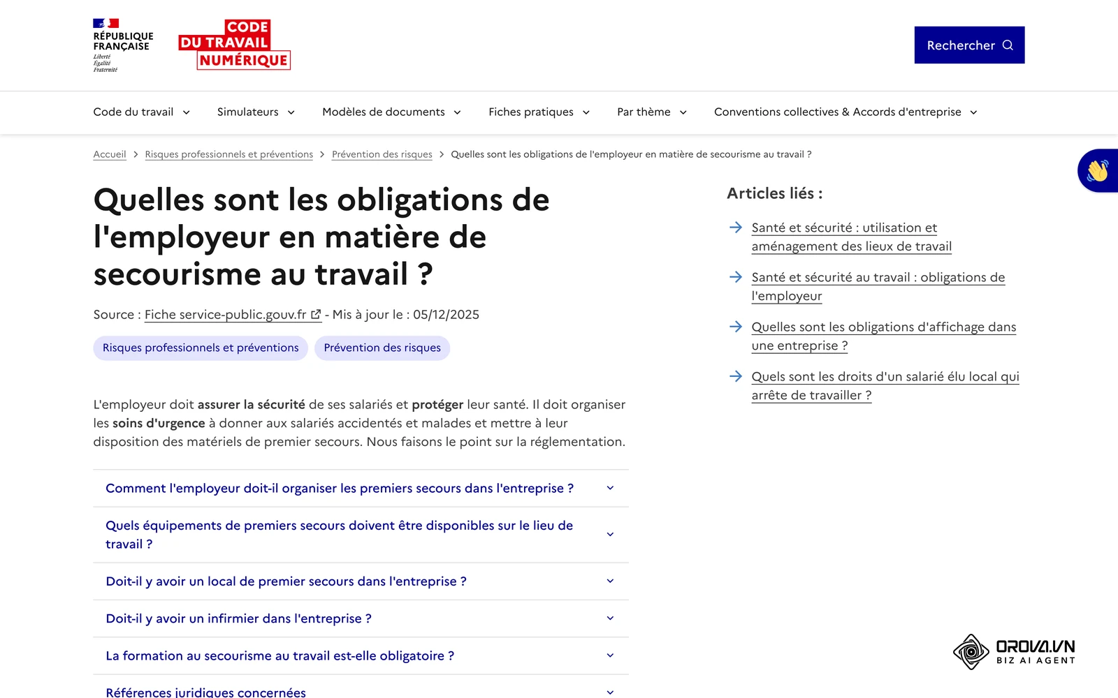 Fiche du Code du travail numérique sur les obligations de l'employeur en matière de secourisme au travail.