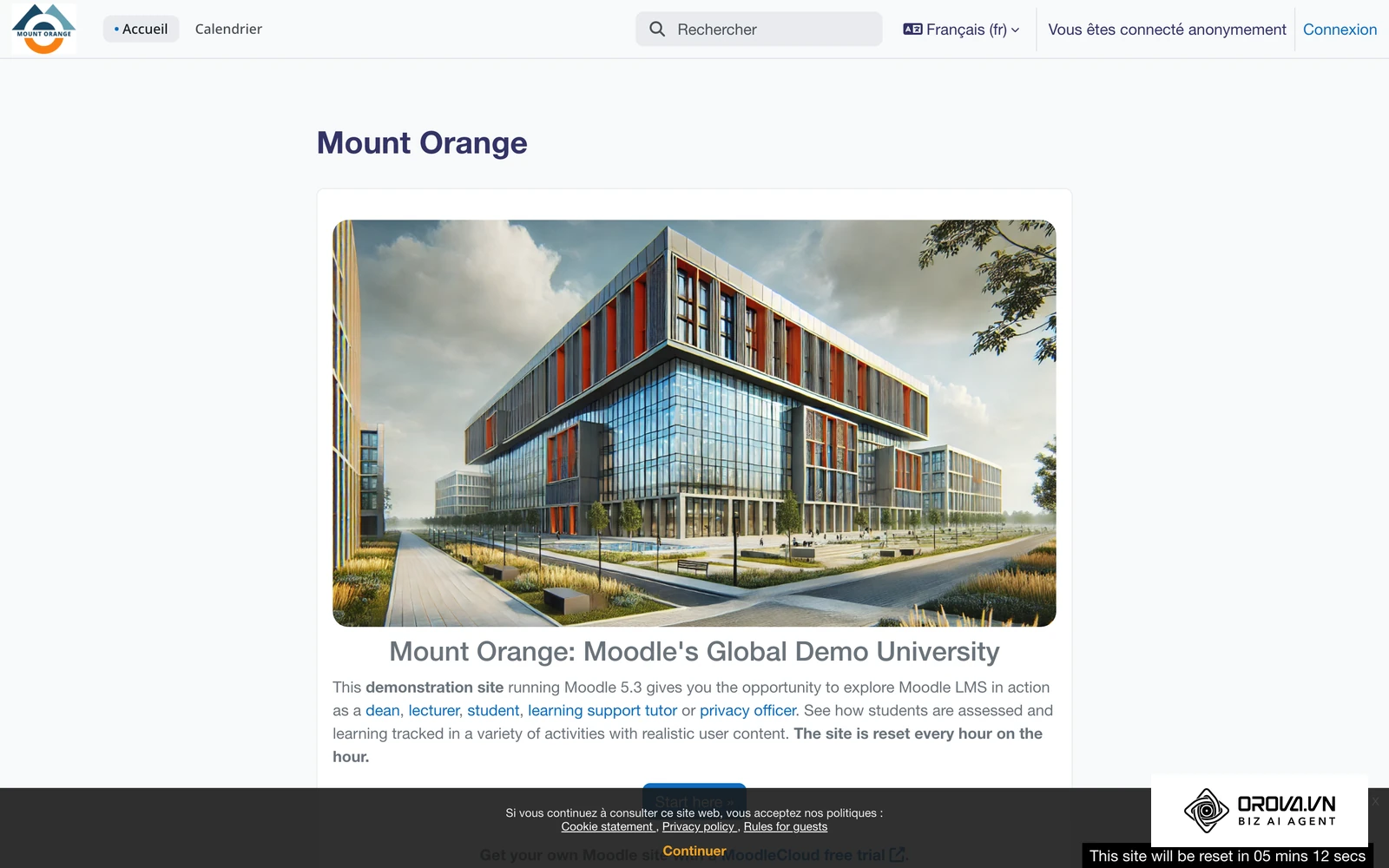 Page d'accueil du site de démonstration public de Moodle (LMS open source), affichée en français.