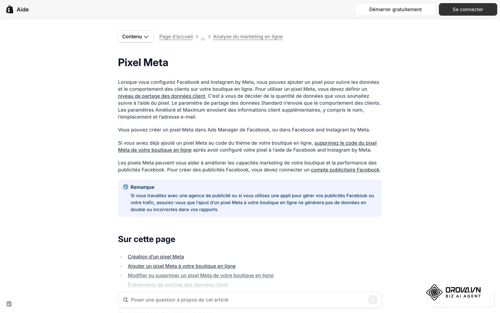 L'aide officielle de Shopify montre comment relier le Pixel Meta à une boutique en ligne pour suivre les conversions.