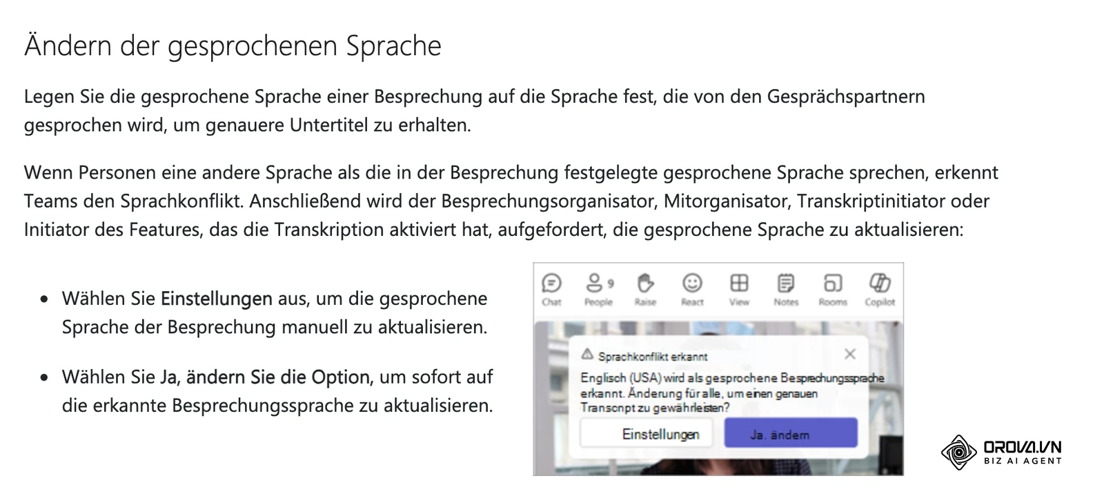 Ausschnitt der deutschen Microsoft-Hilfe zu Liveuntertiteln: Teams meldet einen Sprachkonflikt und bietet „Einstellungen“ oder „Ja, ändern“ an.
