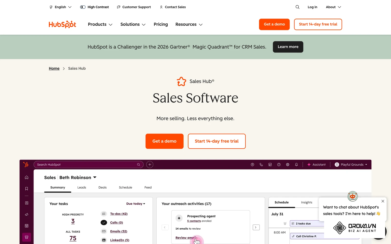 HubSpot Sales Hub product page with its sales workspace and deal tracking interface