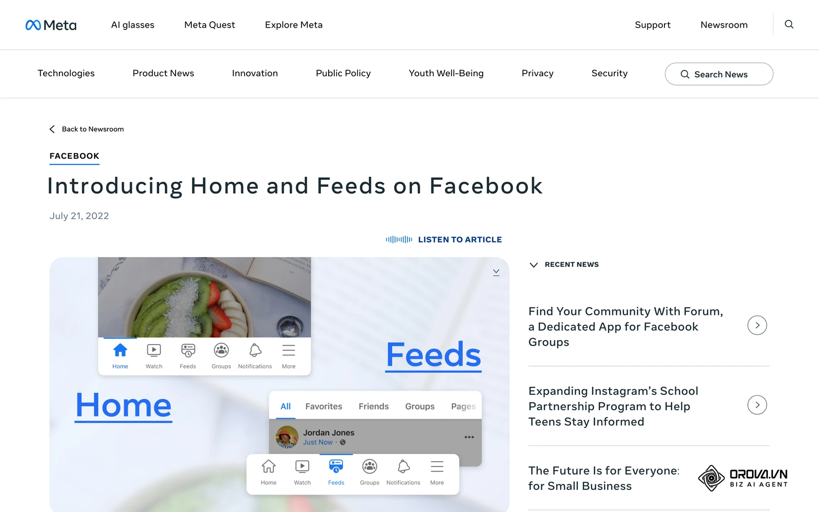Thông báo của Meta về tab Trang chủ đề xuất nội dung và tab Bảng feed trên Facebook.