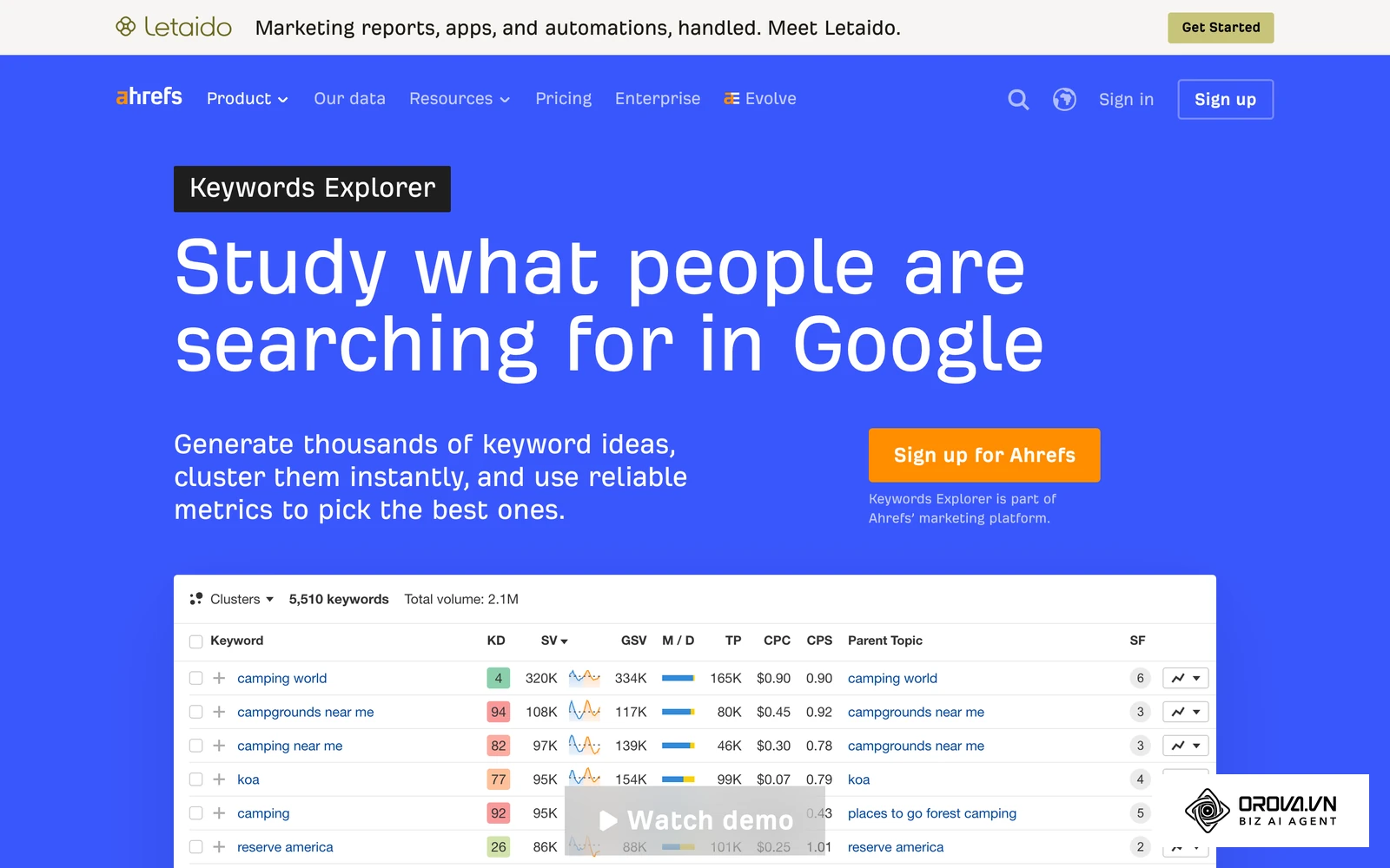 Trang giới thiệu Keywords Explorer của Ahrefs, công cụ lấy dữ liệu từ khoá của đối thủ.