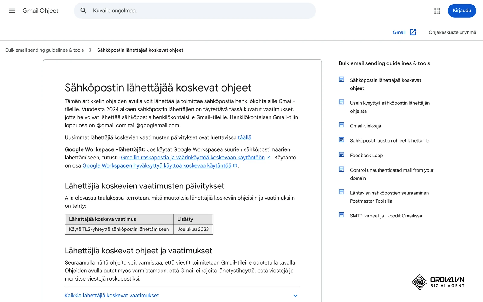 Googlen virallinen ohjesivu sähköpostin lähettäjille: todennus- ja lähetysvaatimukset Gmail-vastaanottajille.