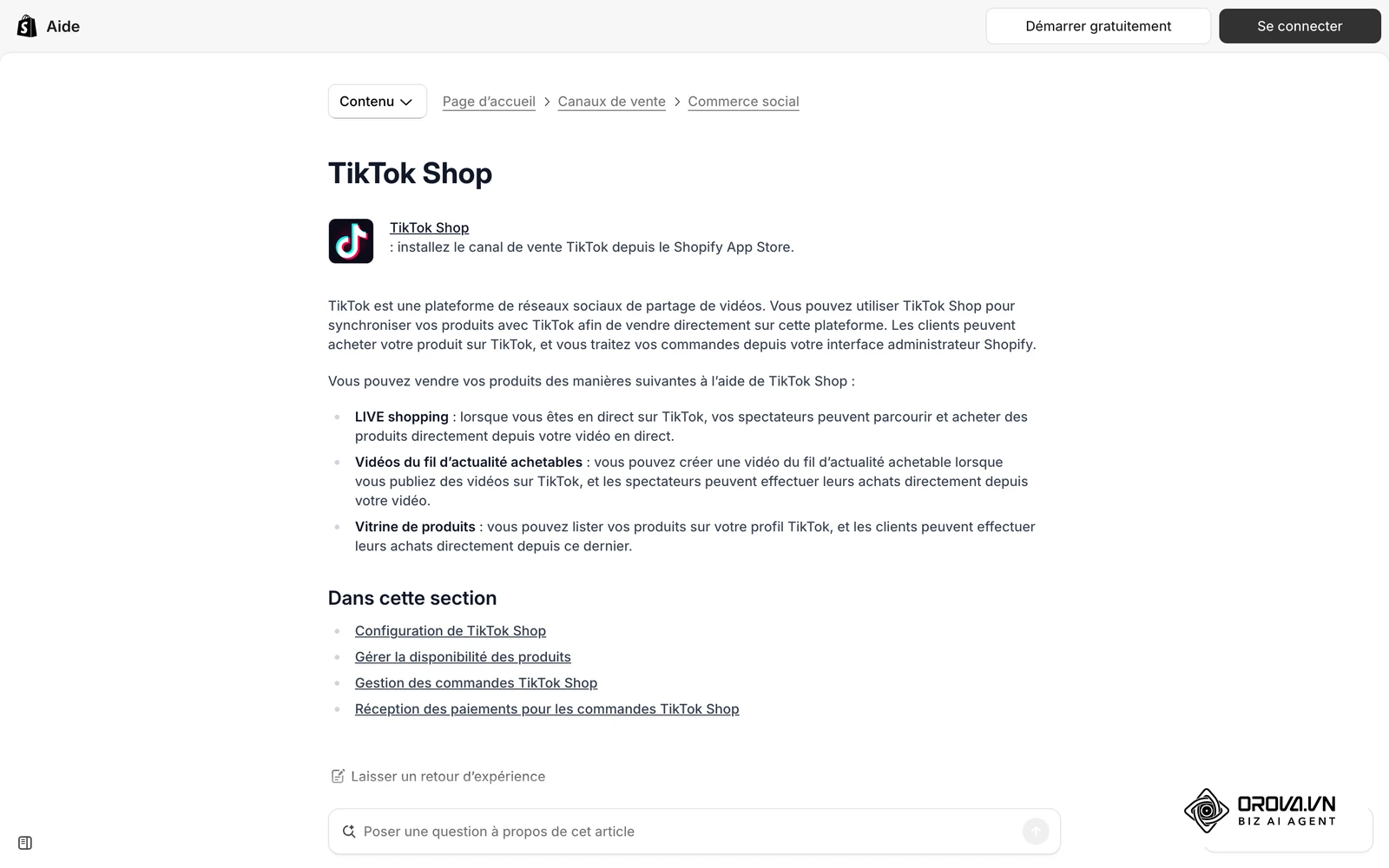 Page d'aide Shopify sur TikTok Shop : synchroniser son catalogue avec TikTok pour que le bouton d'appel à l'action mène vers les bons produits.