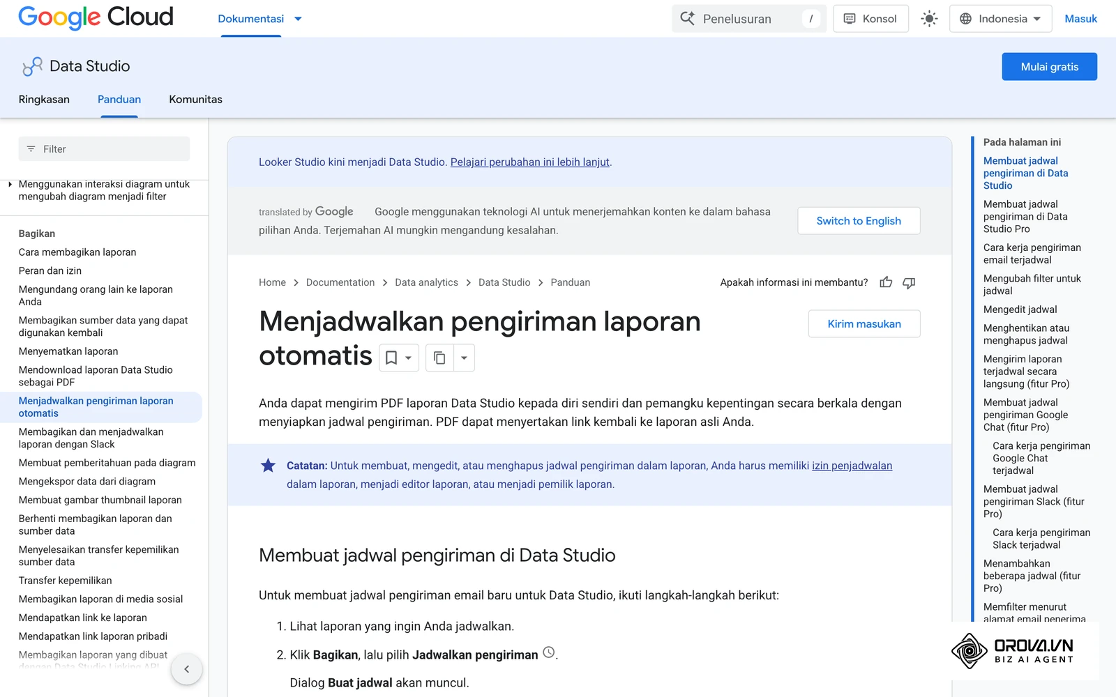 Help resmi Google "Schedule automatic report delivery": Share › Schedule delivery, dialog Create schedule, opsi Repeat, laporan dikirim sebagai PDF.