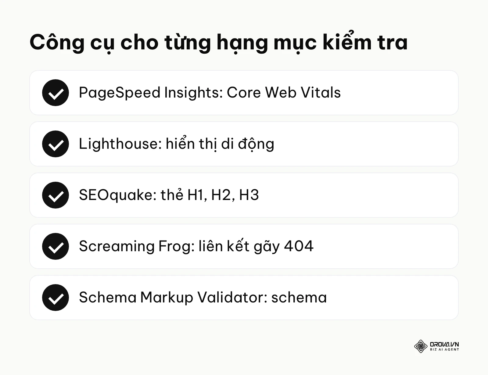 Bảng tóm tắt công cụ dùng cho từng hạng mục khi tự kiểm tra website chuẩn SEO