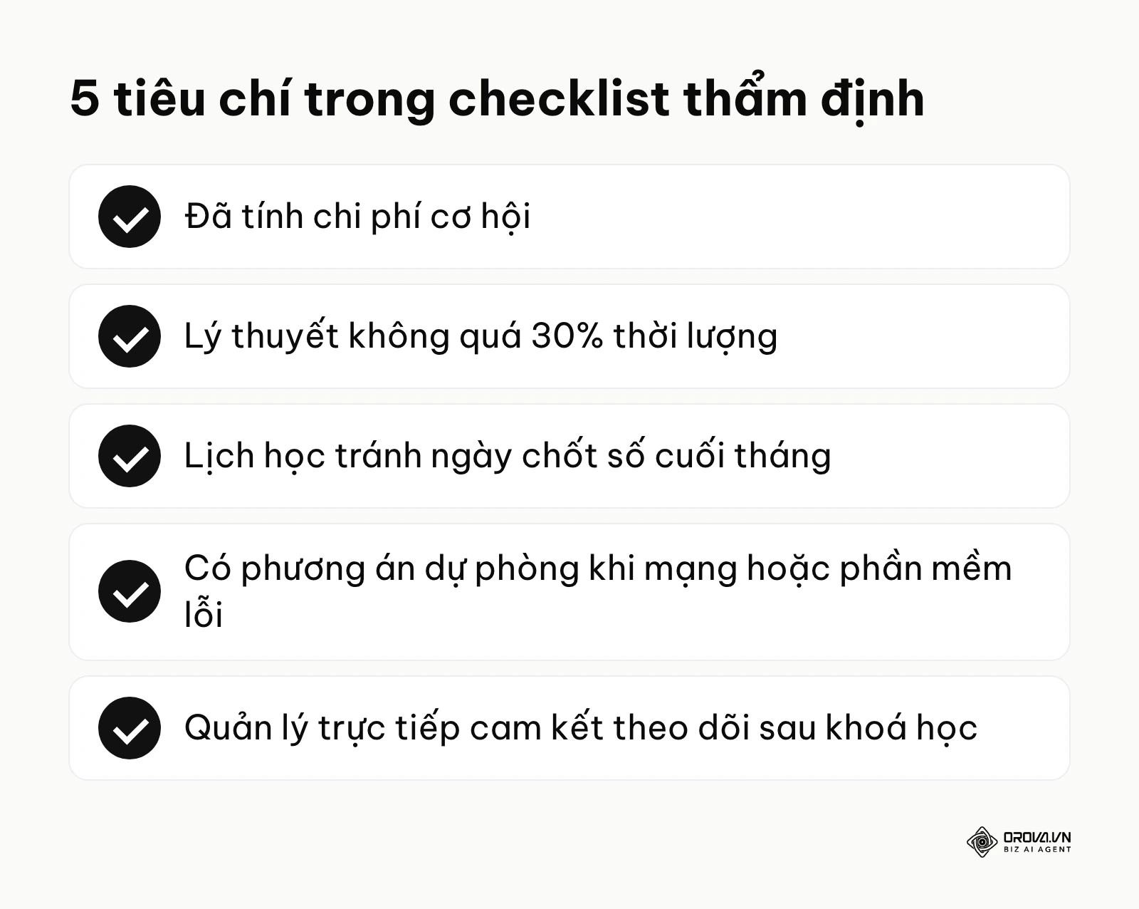 Danh sách 5 trong 10 tiêu chí thẩm định kế hoạch đào tạo trước khi trình ban giám đốc.