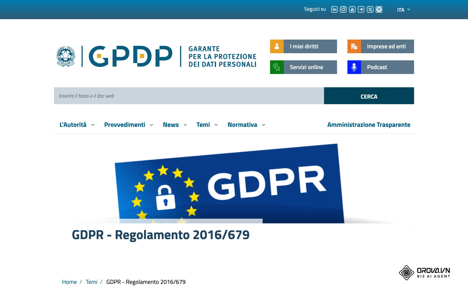 Pagina del Garante per la protezione dei dati personali dedicata al Regolamento UE 2016/679 (GDPR), punto di riferimento ufficiale per chi gestisce dati dei clienti nel CRM.