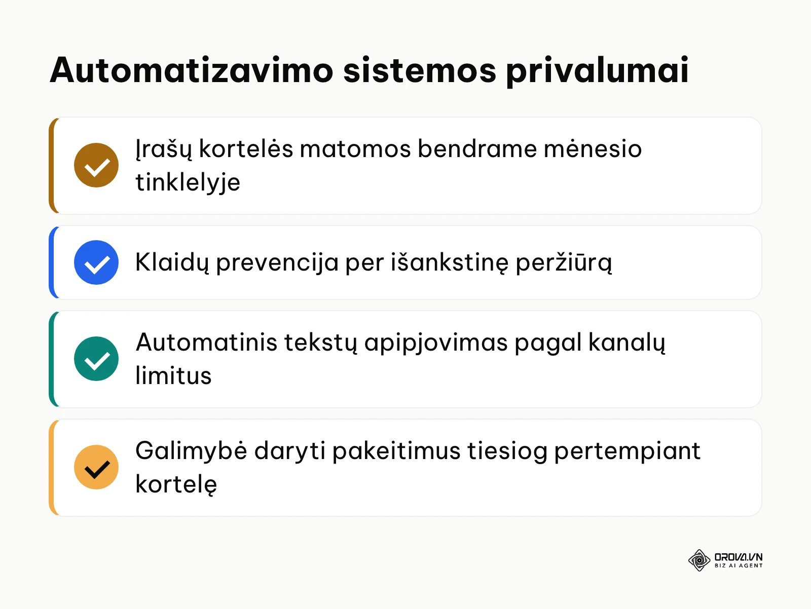 Sąrašas su varnelėmis apie automatizuoto kalendoriaus privalumus.