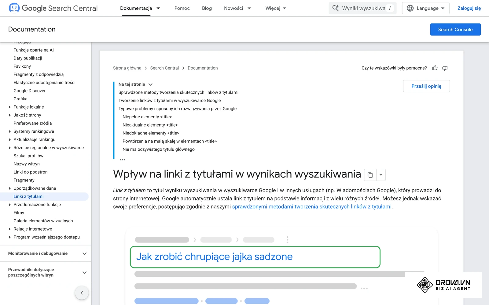 Dokumentacja Google Search Central o linkach tytułowych: tak Google buduje tytuł wyniku, który odświeżasz w kroku 5.