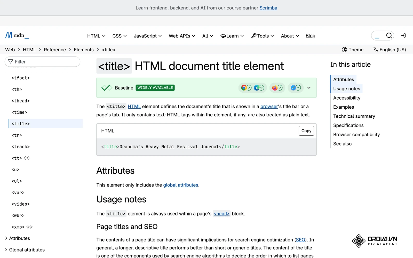MDN Web Docs reference for the HTML title element, the tag behind a page's title in search results.