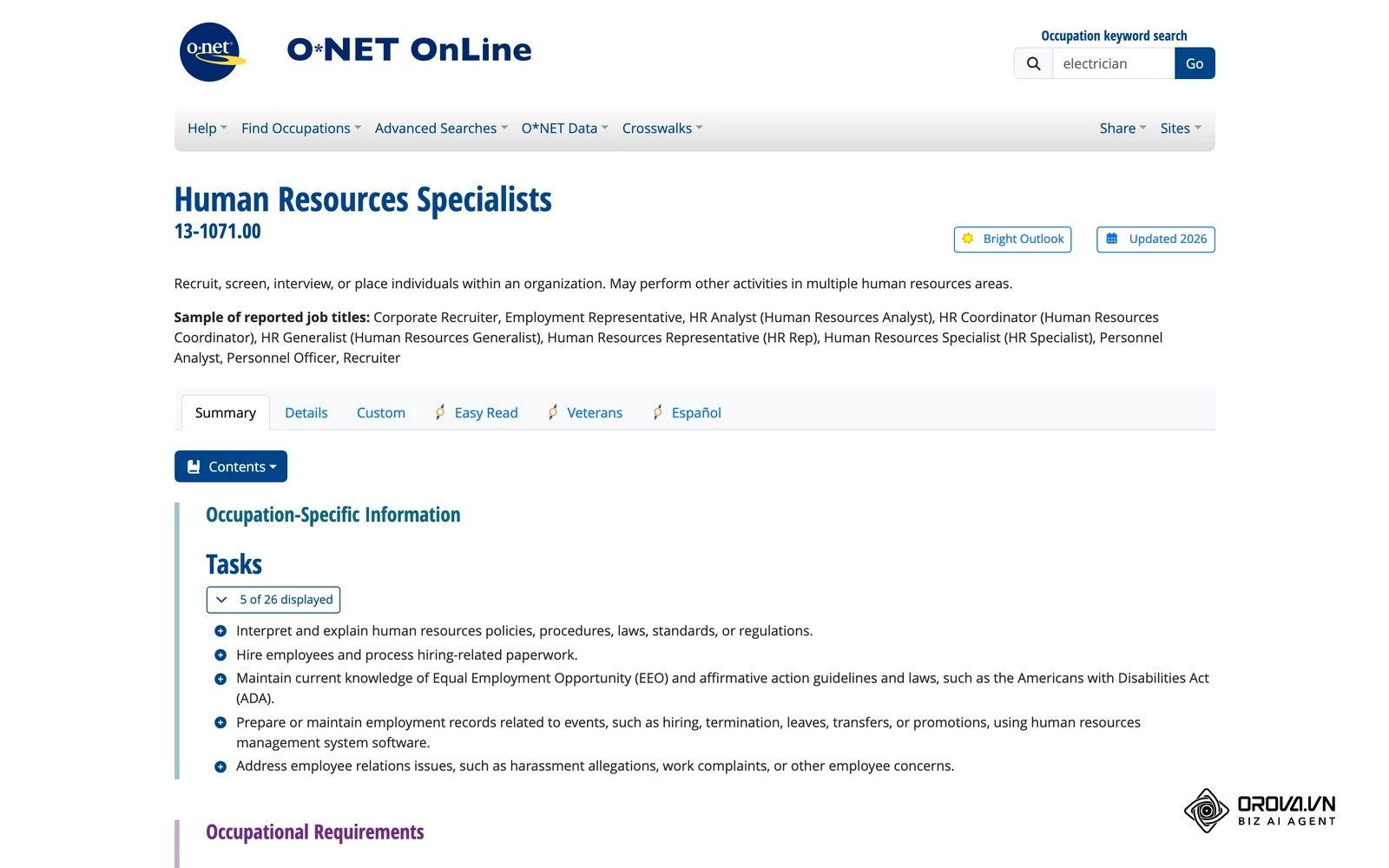 O*NET's profile for HR specialists shows the broader, more strategic scope that an HR administrator JD should not copy.