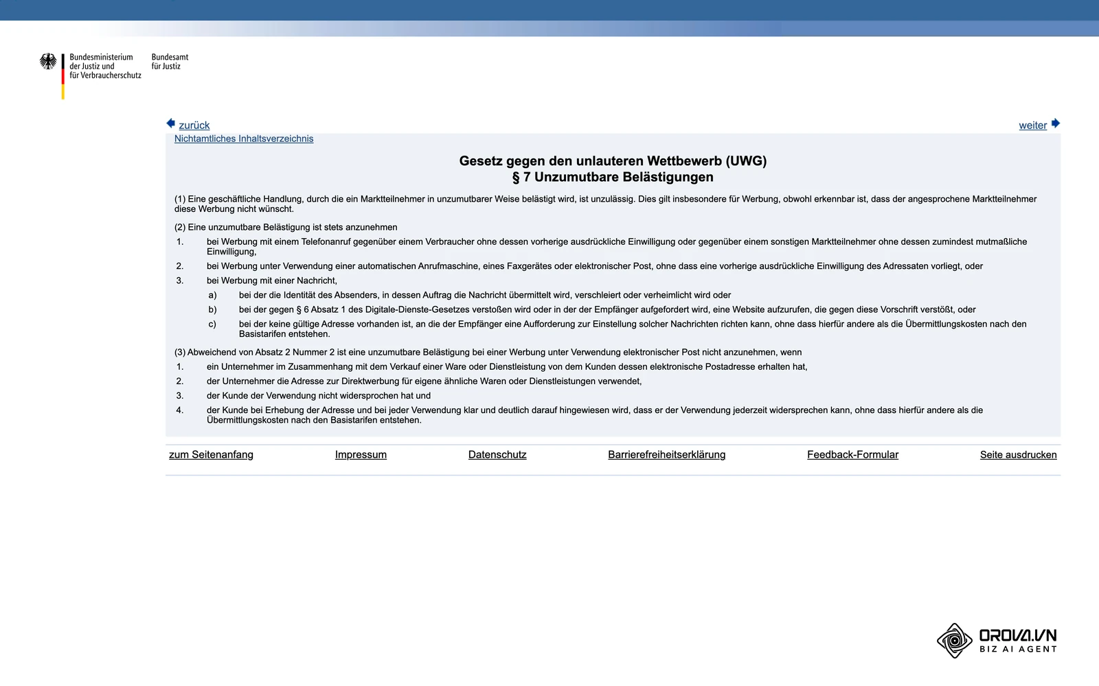 Amtlicher Text von § 7 UWG (Unzumutbare Belästigungen) auf gesetze-im-internet.de – die Regel, die Werbeanrufe und Werbe-E-Mails ohne Einwilligung begrenzt.