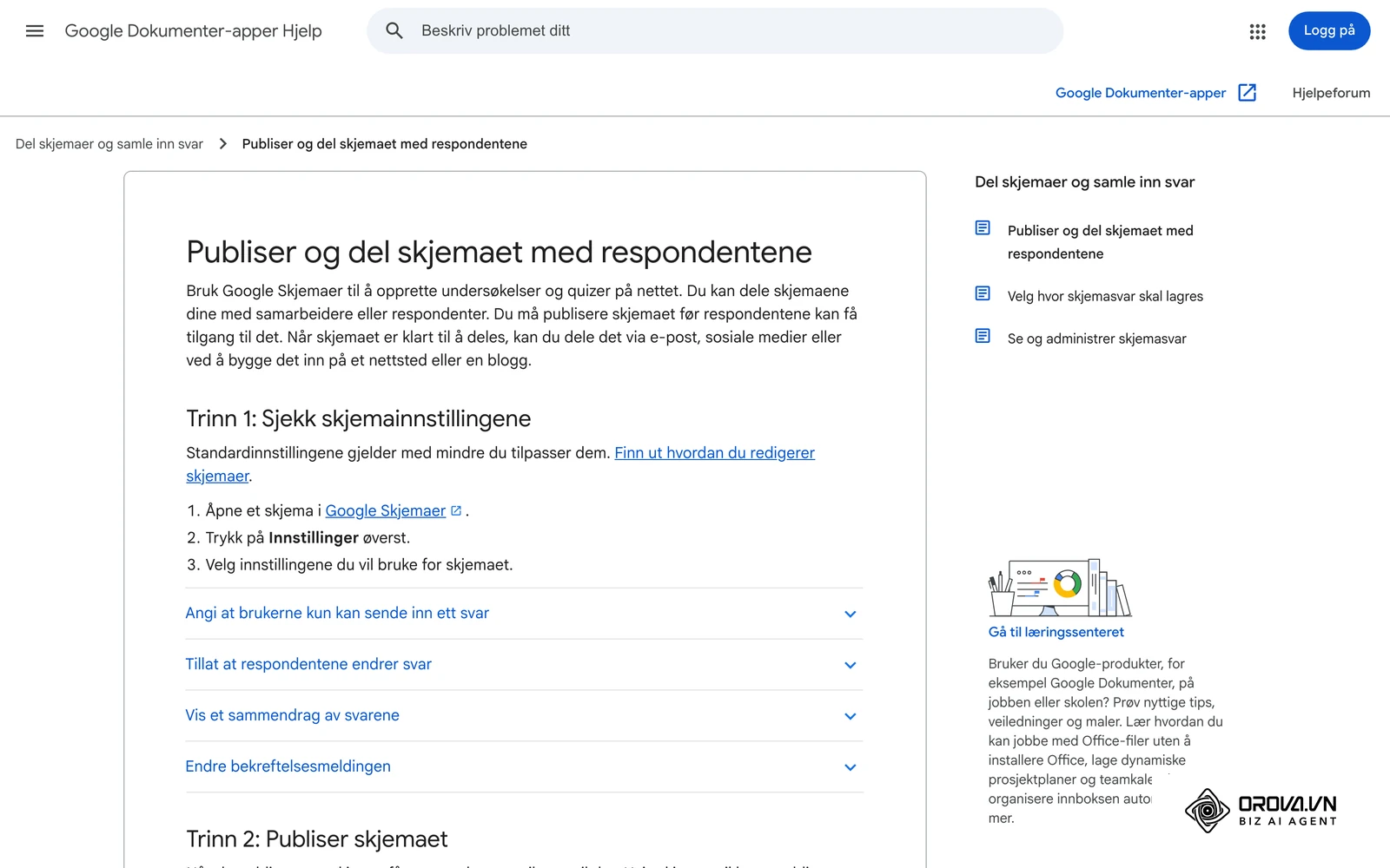 Googles norske hjelpeside «Publiser og del skjemaet med respondentene» med trinnene for innstillinger og publisering.