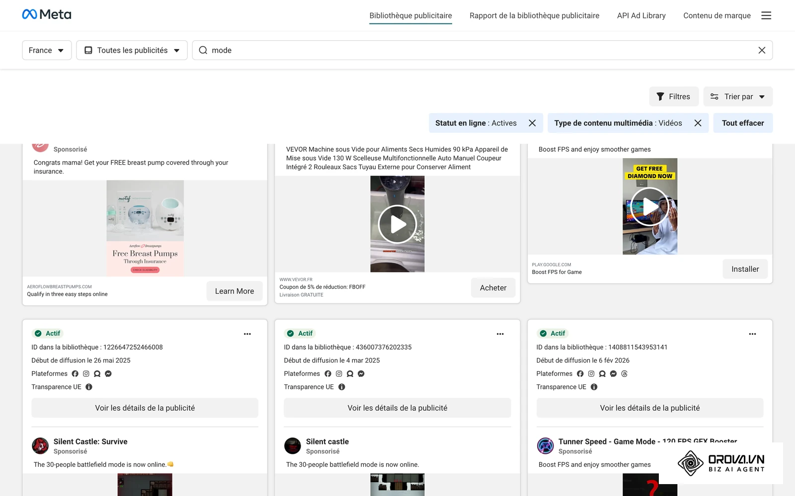Bibliothèque publicitaire Meta : publicités vidéo actives en France sur le thème de la mode, utiles pour comparer l'occupation de l'écran selon le cadrage.