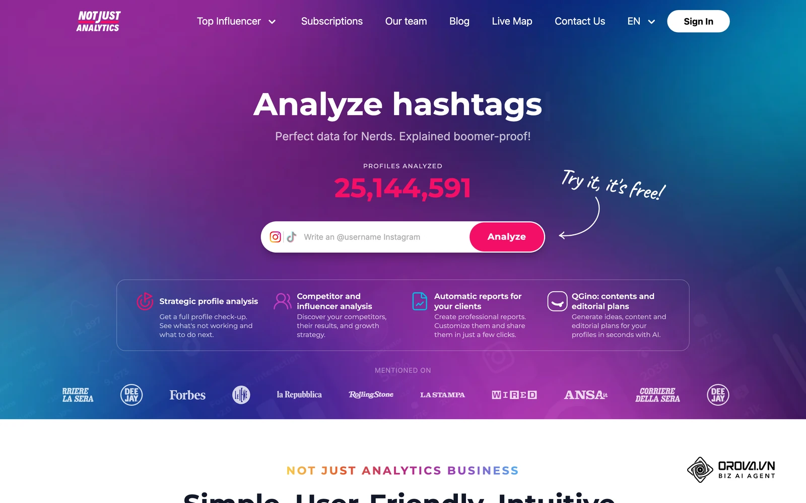 Analizador público de Not Just Analytics: basta con escribir el nombre de usuario de un perfil abierto, sin contraseña.