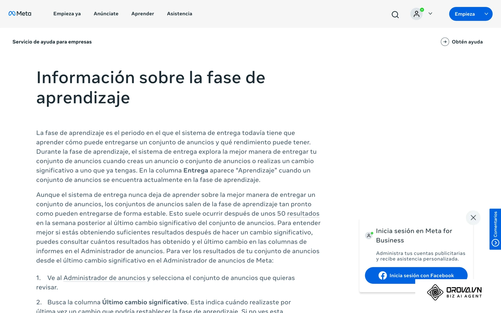 Página del servicio de ayuda de Meta para empresas que explica la fase de aprendizaje de los conjuntos de anuncios.