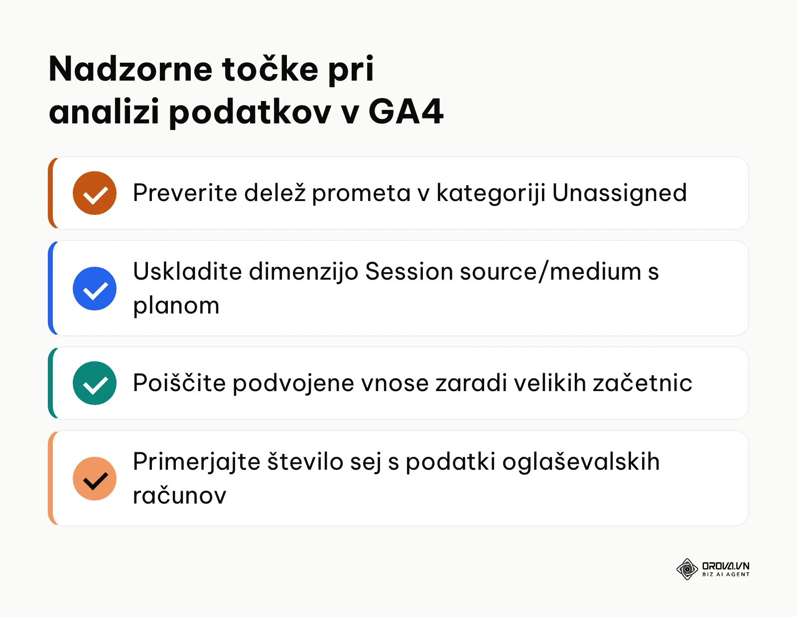 Seznam ključnih točk za pregled pravilnosti podatkov o kampanjah v GA4