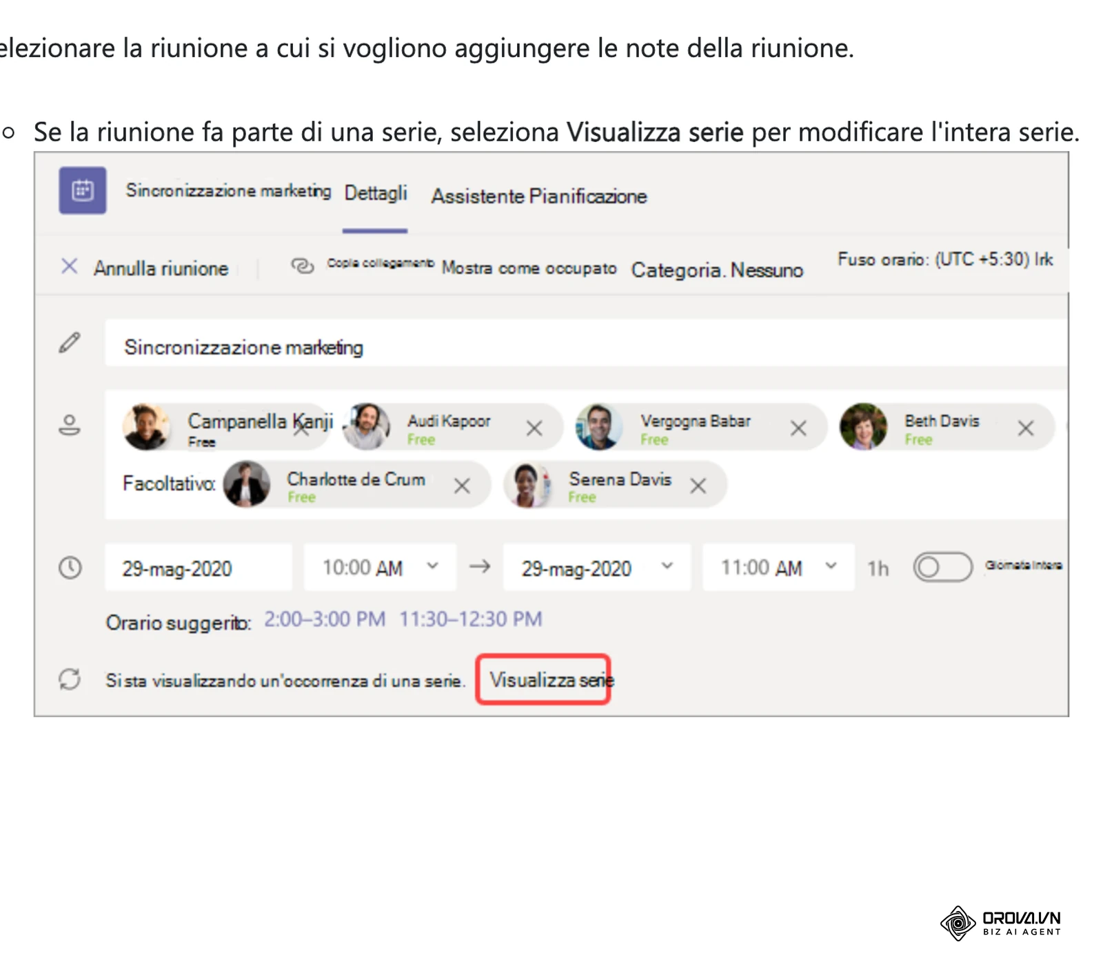 Guida di Microsoft Teams: i dettagli di una riunione pianificata, con invitati obbligatori e facoltativi, data e orario.