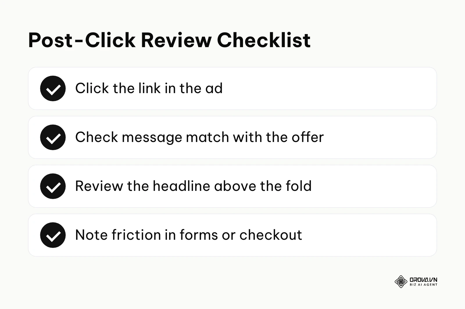 A checklist for reviewing a competitor landing page: click through, check message match, review the headline above the fold and note friction points.
