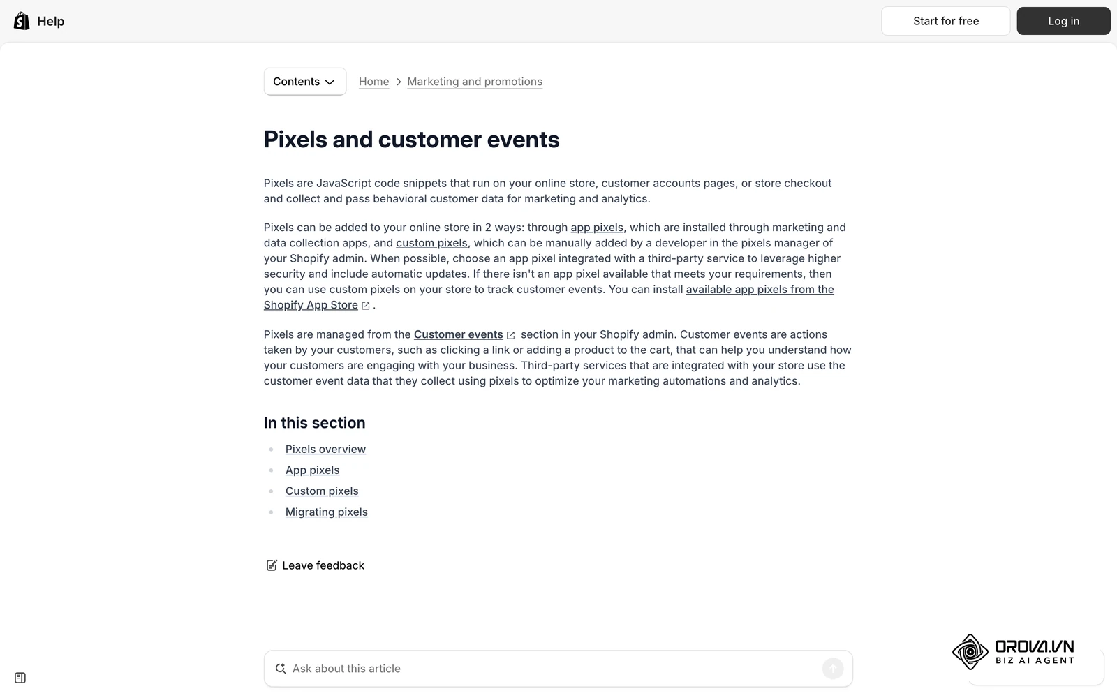 ឯកសារជំនួយផ្លូវការរបស់ Shopify អំពីការដំឡើង Pixel ដើម្បីតាមដានសកម្មភាពអតិថិជនលើហាង។