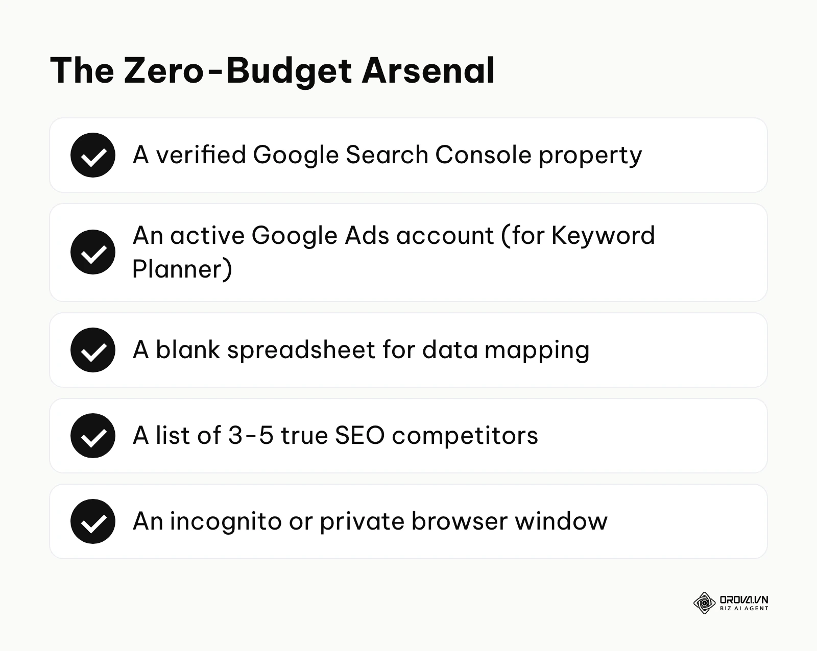 Checklist of necessary free tools and assets for competitor keyword research