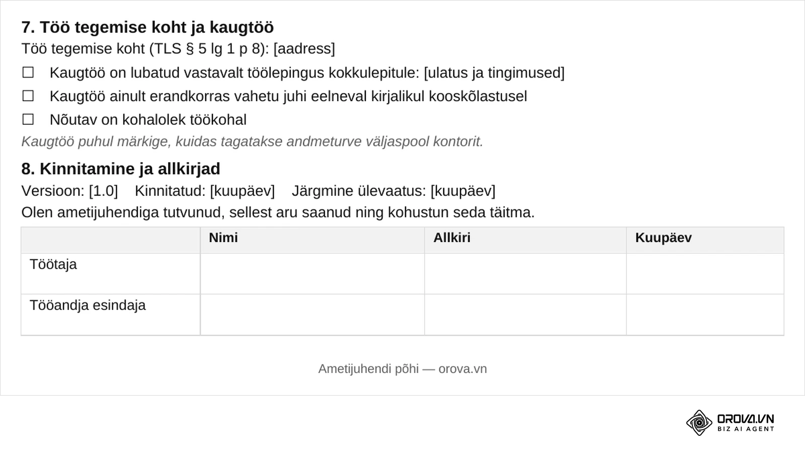 Allalaaditava faili leht 2: töö tegemise koht ja kaugtöö valikud märkeruutudega ning kinnitamise plokk töötaja ja tööandja esindaja allkirjaga.